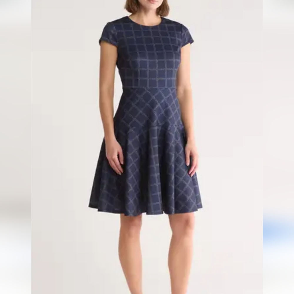 Eliza J. Windowpane Print Cap Sleeve Fit & Flare Dress Size 8 Navy